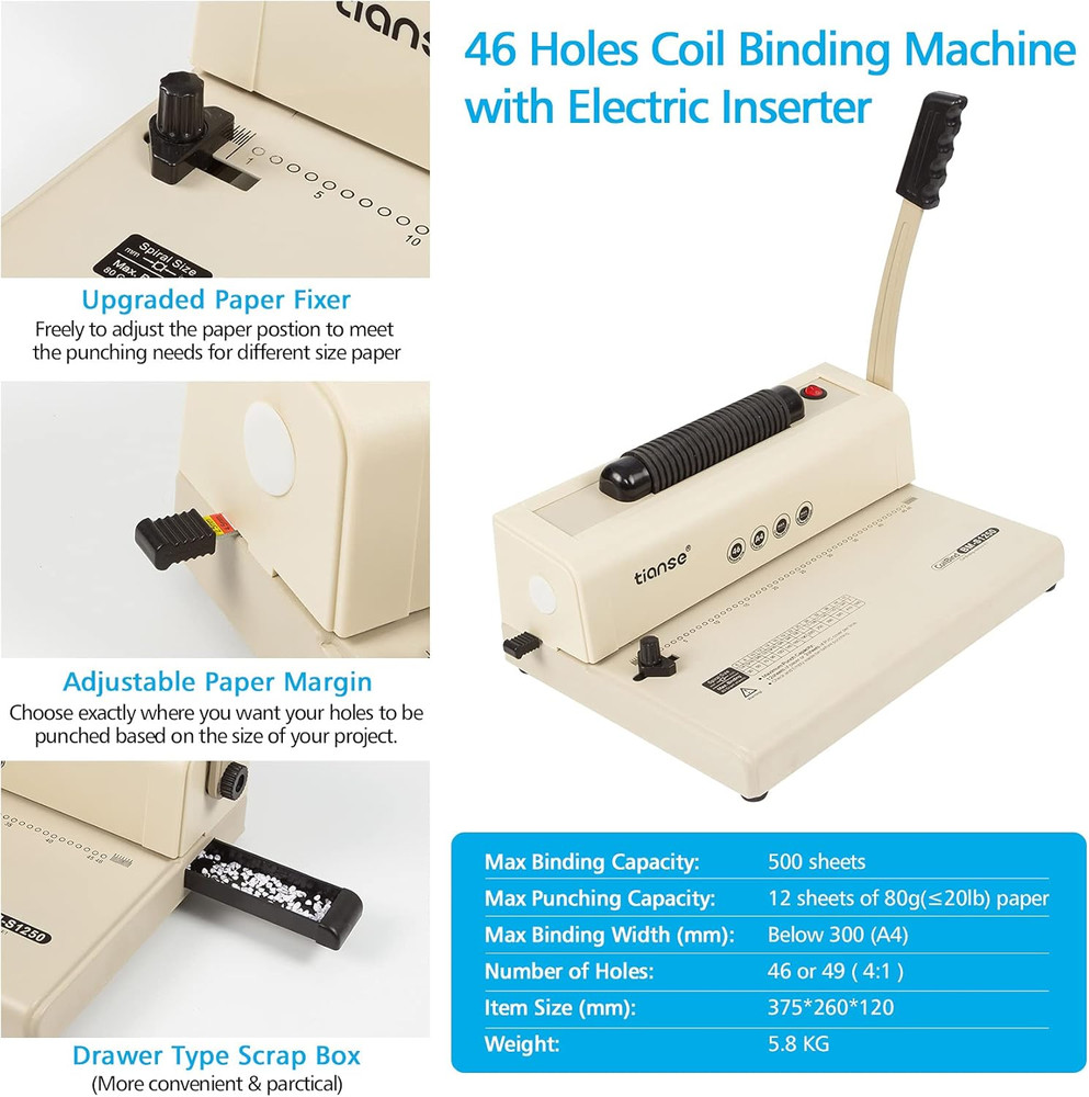 Binding Machine, Spiral Coil Binder Machine, Electric Coil Inserter, 15 Sheets P
