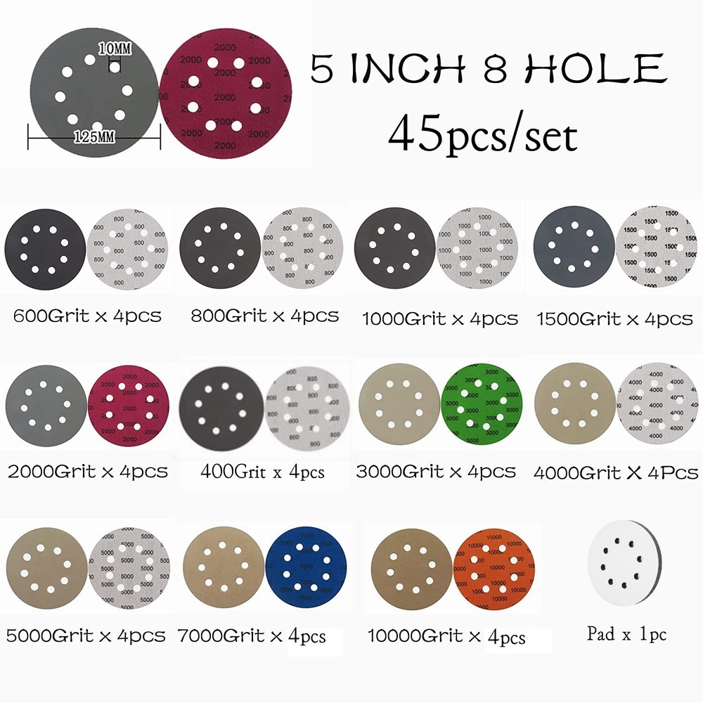 45PCS 5 Inch Sanding Discs Hook Loop Sandpaper 400-10000 Grit W/ Interface Pad