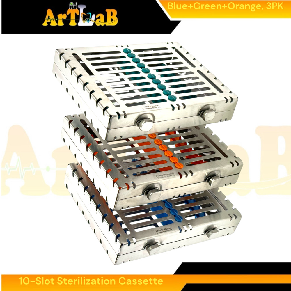 3pk Sterilization Cassettes with 10 Slots, Double-Button, Detachable, German
