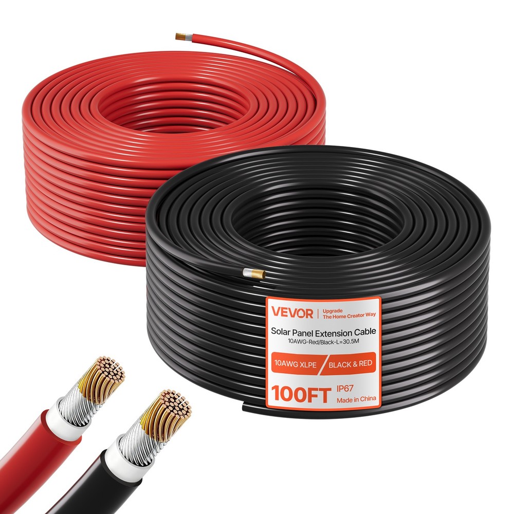 VEVOR Solar Panel Wire 100 ft Black + Red 10 AWG Tinned Copper Extension Cable