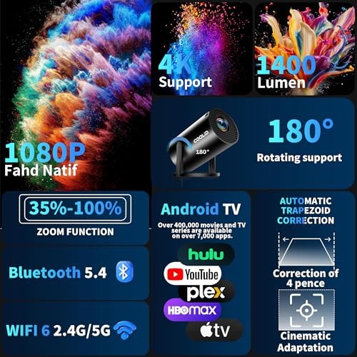 [Built-in Apps & 2026 Upgraded] Mini Projector Support 4K 1080P Auto Black