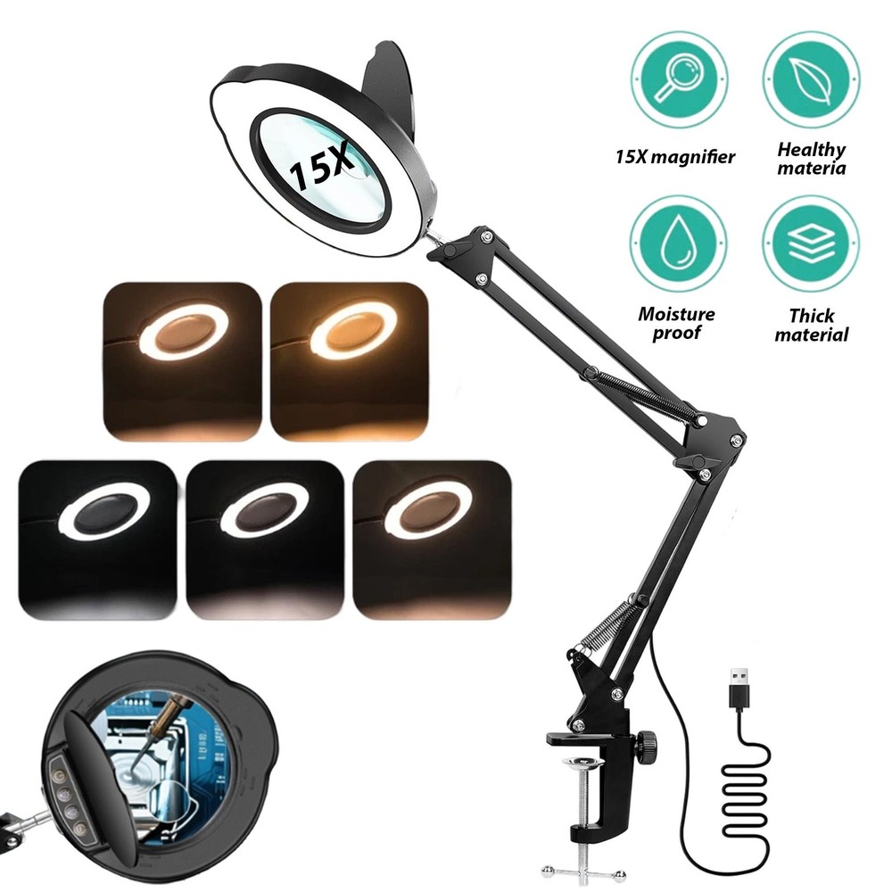 15X Magnifier Lamp with Protective Cover Adjustable LED Light for Precision Work