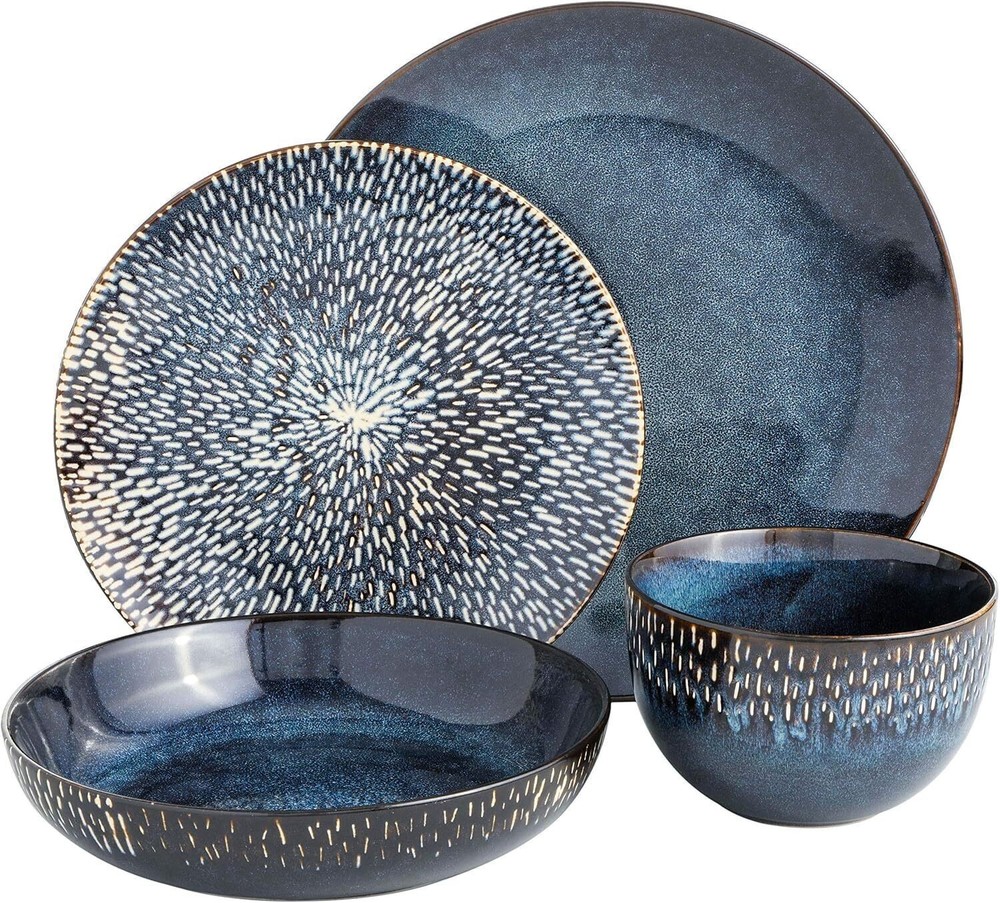 16 Piece Double Bowl Dinnerware Set Cobalt Blue Service for 4 Kitchen