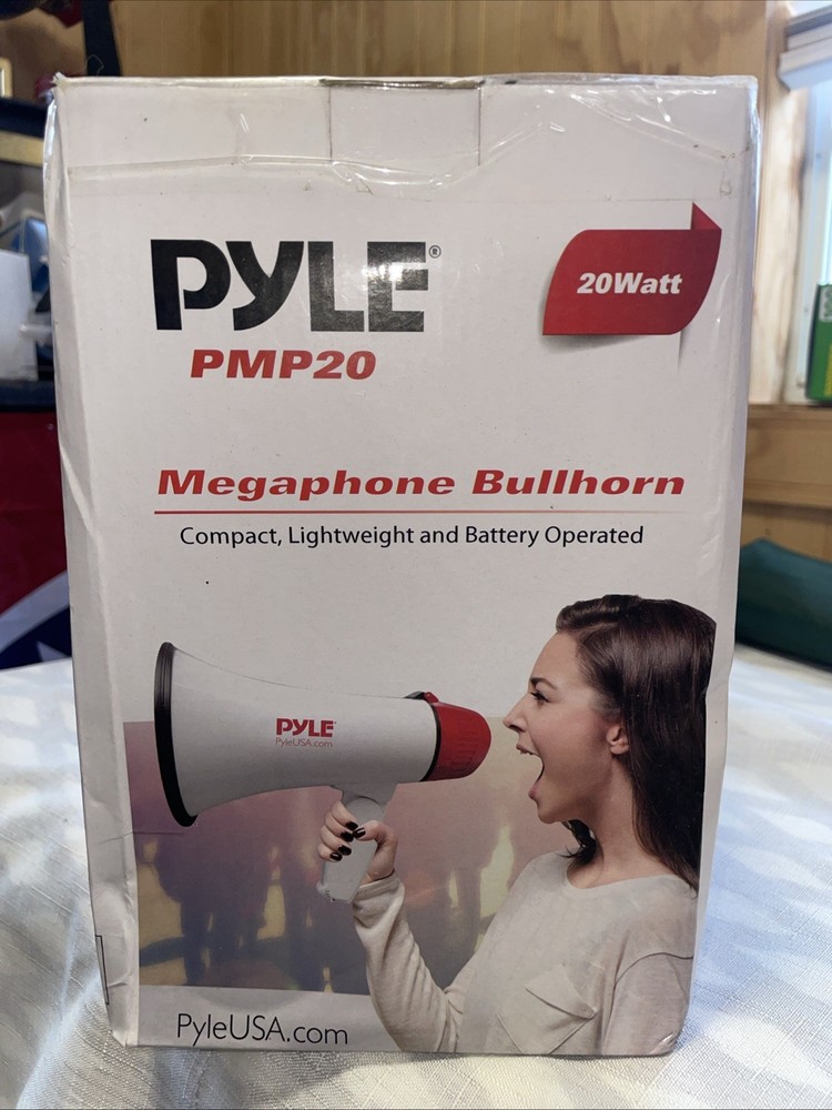 Pyle 20W Megaphone Bullhorn, Long Range Siren, Strap, Speaker, Battery, White