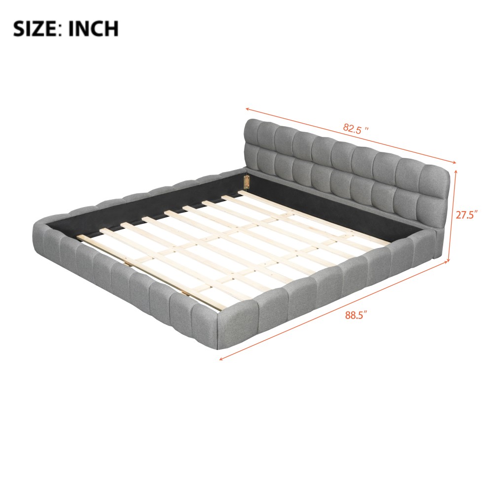 King Upholstered Platform Bed w/ Solid Wood Frame, Gray Linen, 2000lbs Support