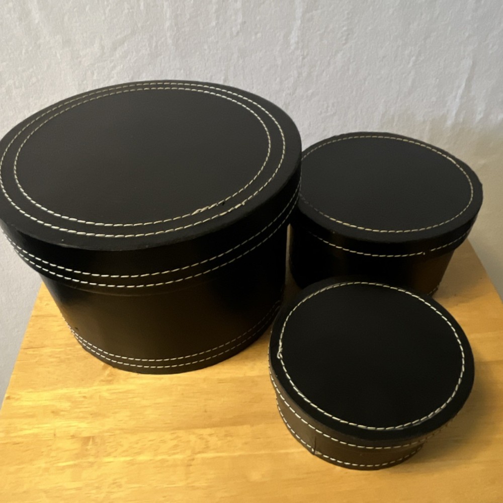 Set of 3 Black Leather Round Nesting Boxes with Lids, Stackable, Large to Small
