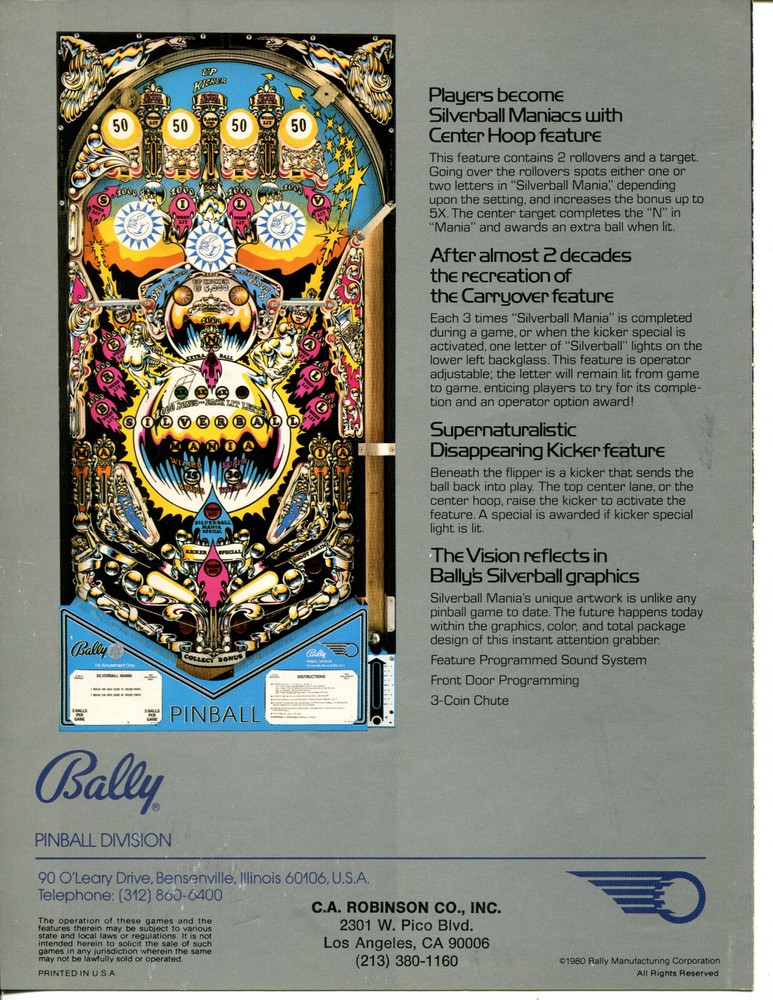 Silverball Mania Bally Pinball Flyer / Brochure / Ad - Mint