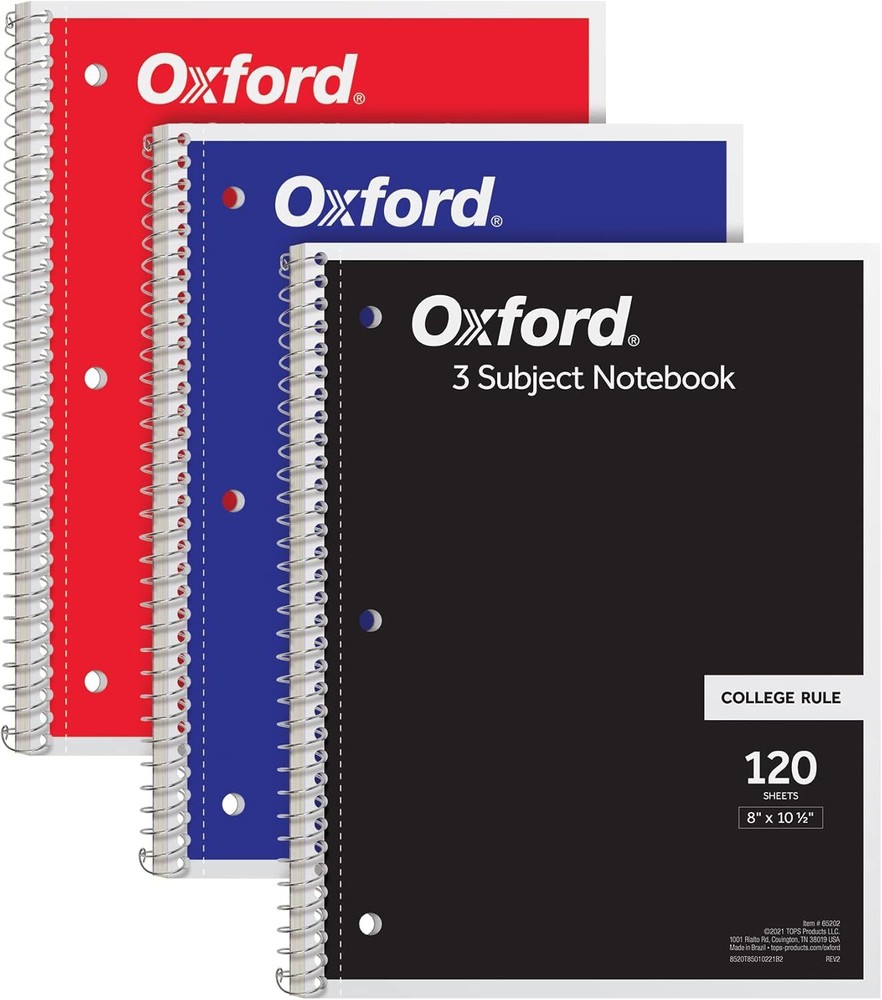 Oxford Spiral Notebook 3 Pack, 3 Subject Journal, 3-Hole Punch, Assorted