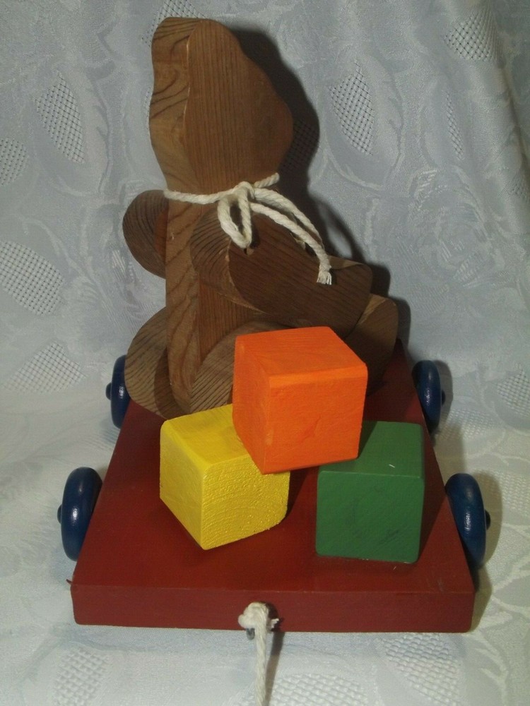 Vintage Handmade Wooden Bear Pull Toy Decor