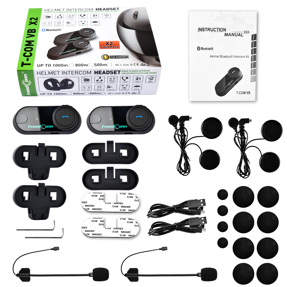 2X TCOM-VB Motorcycle Intercom 2Way Bluetooth Helmet Headset 800M Soft+Hard mic