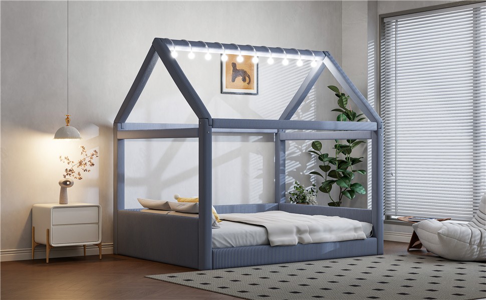 Full Size Upholstered House Daybed with LED Light Strips,Grey