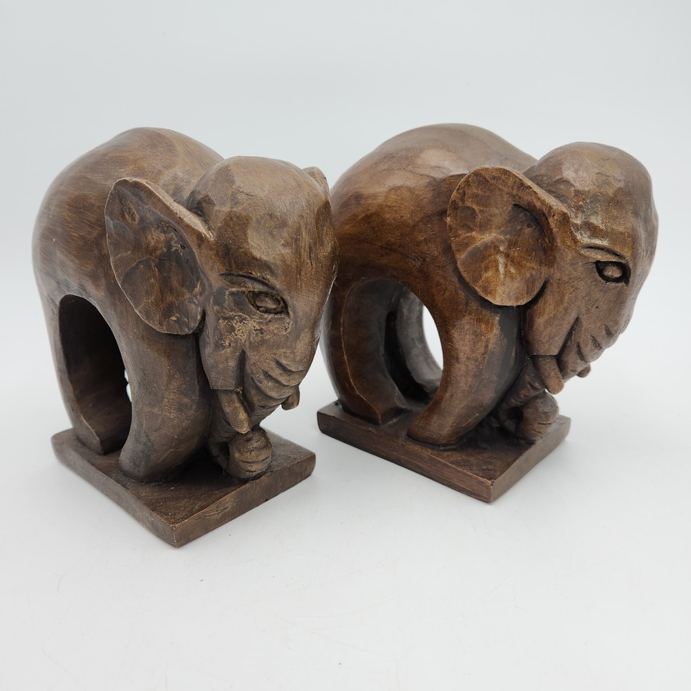 Cast Pair Of Elephant Bookends Abstract Design Heavy