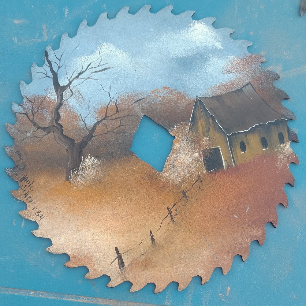 Handmade Handpainted Saw Blade Landscape Scene Barn Tree 1984