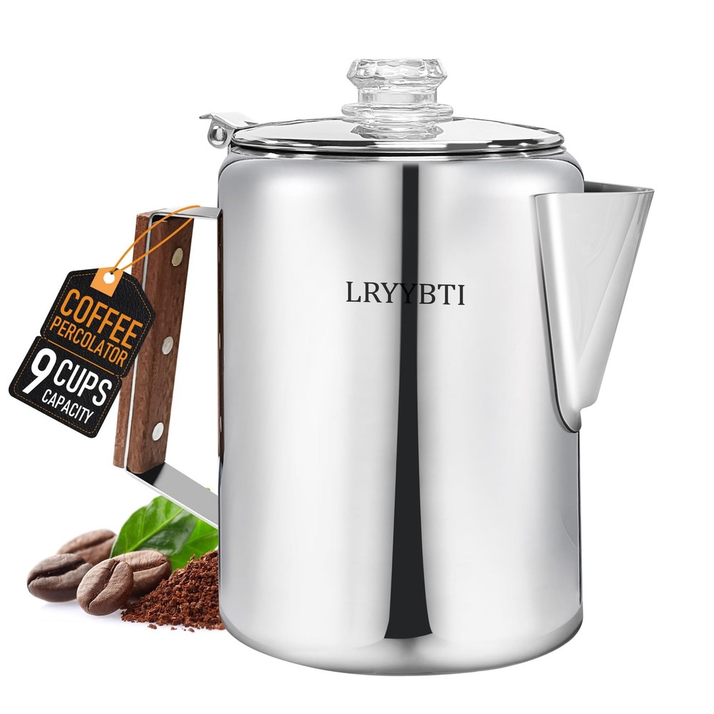 Stainless Steel Percolator Coffee Pot for Camping, 9 Cup Capacity, No Plastic