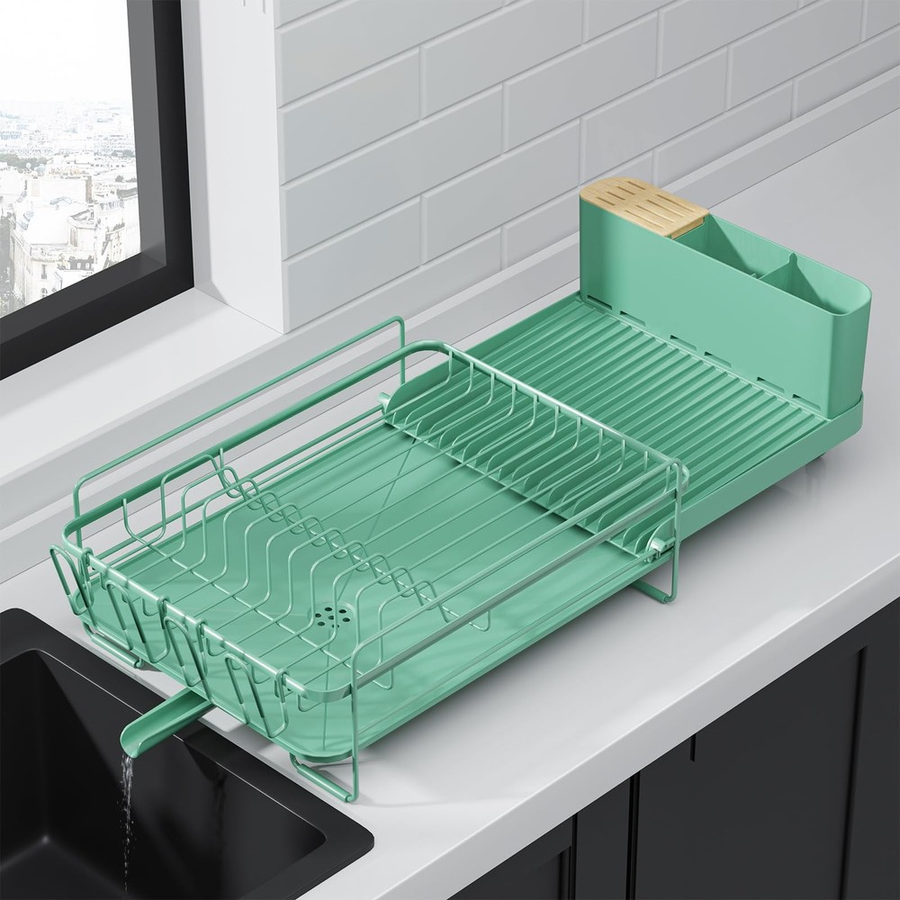Large Extendable Dish Drying Rack Kitchen Counter Green 19.2-26.7x12.9 Inch
