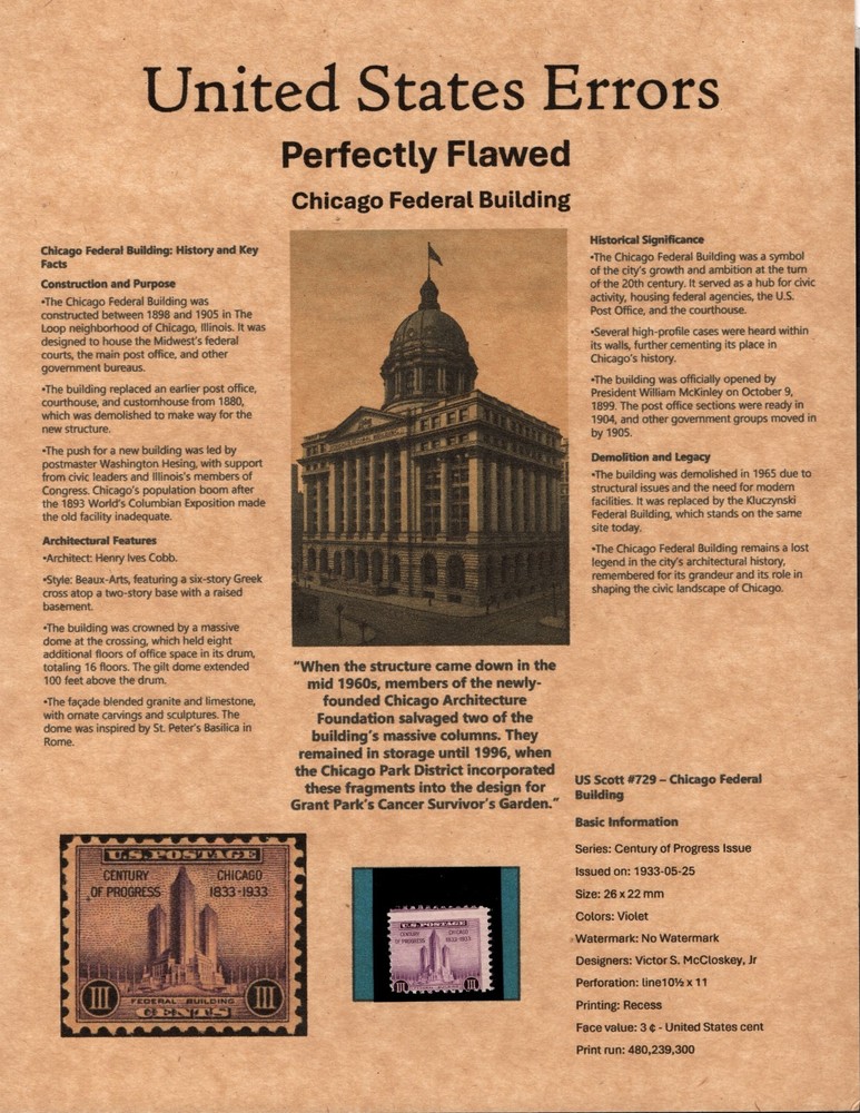 Perfectly Flawed SN 729 MH - Misperf on Presentation Panel 8.5” X 11”