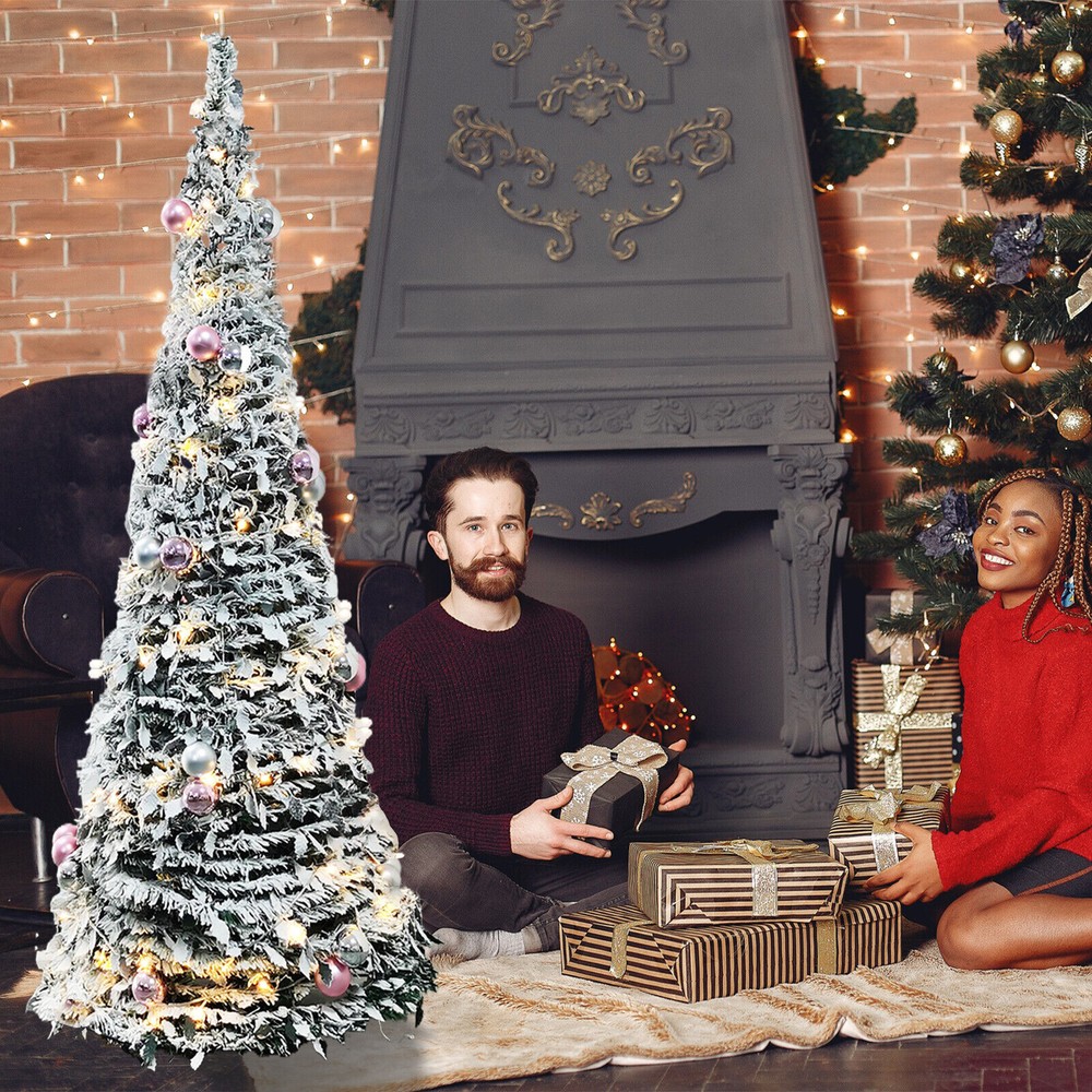 6ft Christmas Tree Foldable Full Tree Pre-Lit Snow Flocked LED String Light Xmas