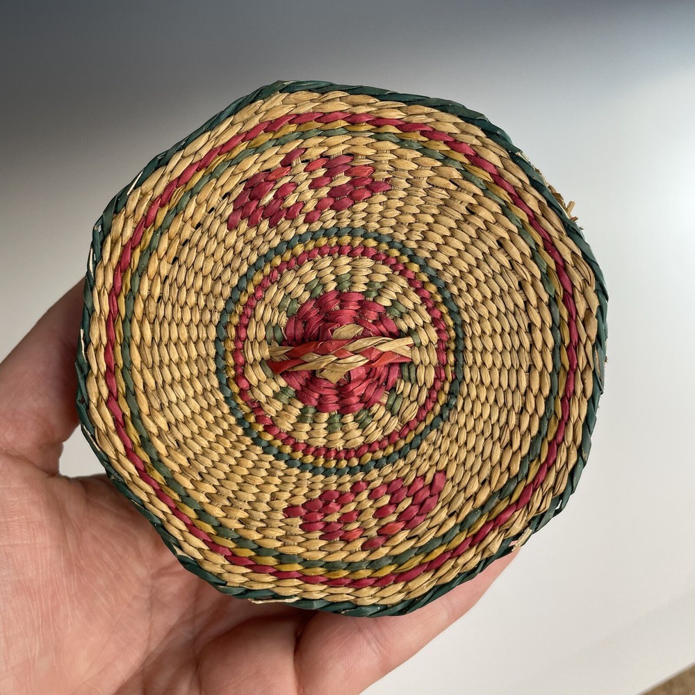 Small Vintage Polychrome Sweetgrass Octagonal Basket Woven Box