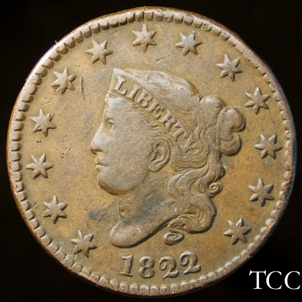 1822 CORONET HEAD LARGE CENT 1c ~ STELLAR 1c COIN ~ FREE SHIPPING ~ TCC