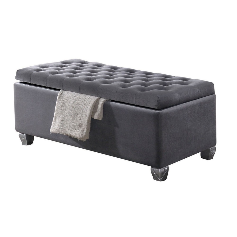 Grey Tufted Storage Bench - Upholstered Ottoman with Lift-Up Seat