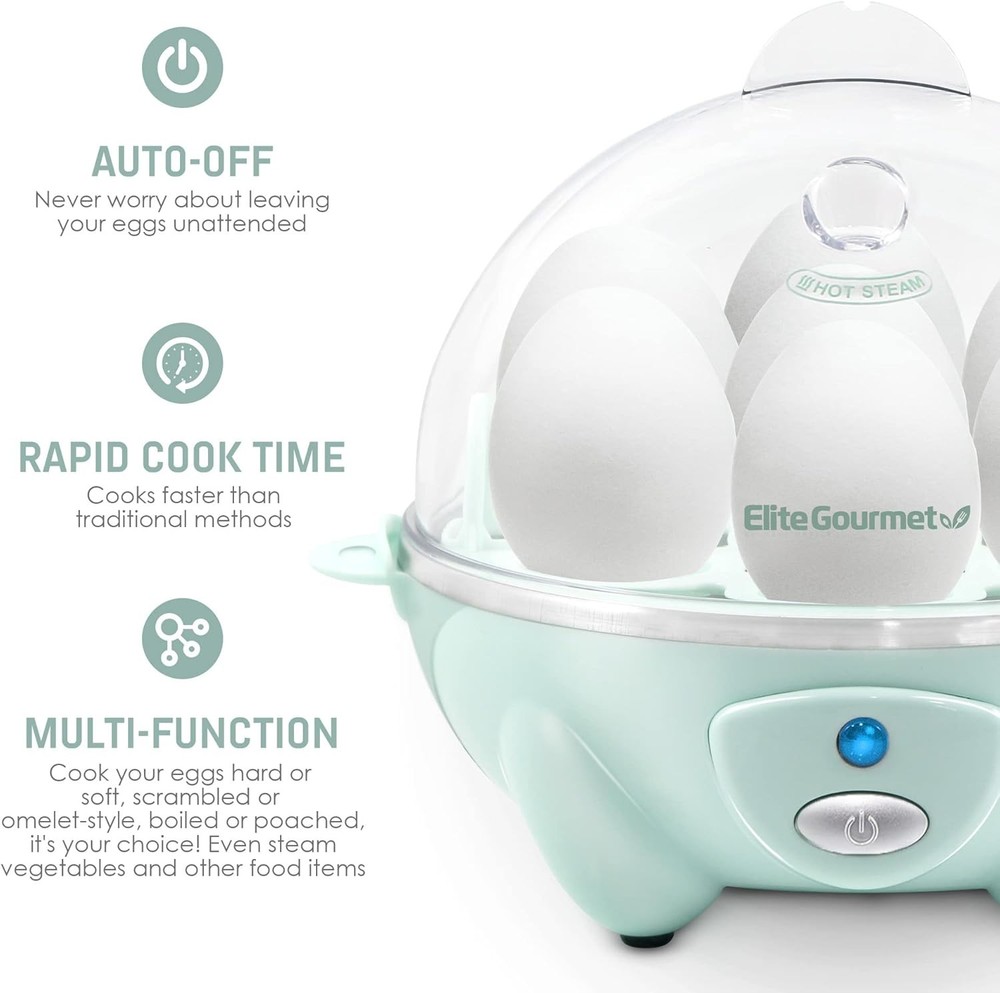 Elite Gourmet Easy Electric 7 Egg Capacity Soft, Medium, Hard-Boiled Mint