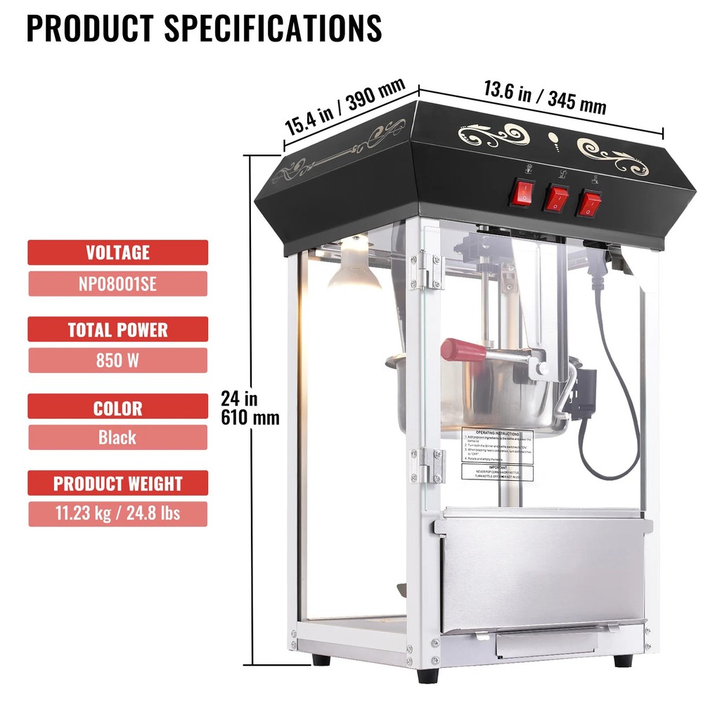 850W Popcorn Popper Machine 8 Oz Kettle Makes 48 Cups Per Batch Popcorn Maker