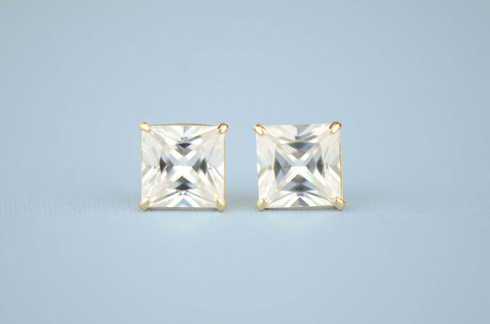 14k solid yellow gold square clear CZ basket set stud earrings 3mm-10mm