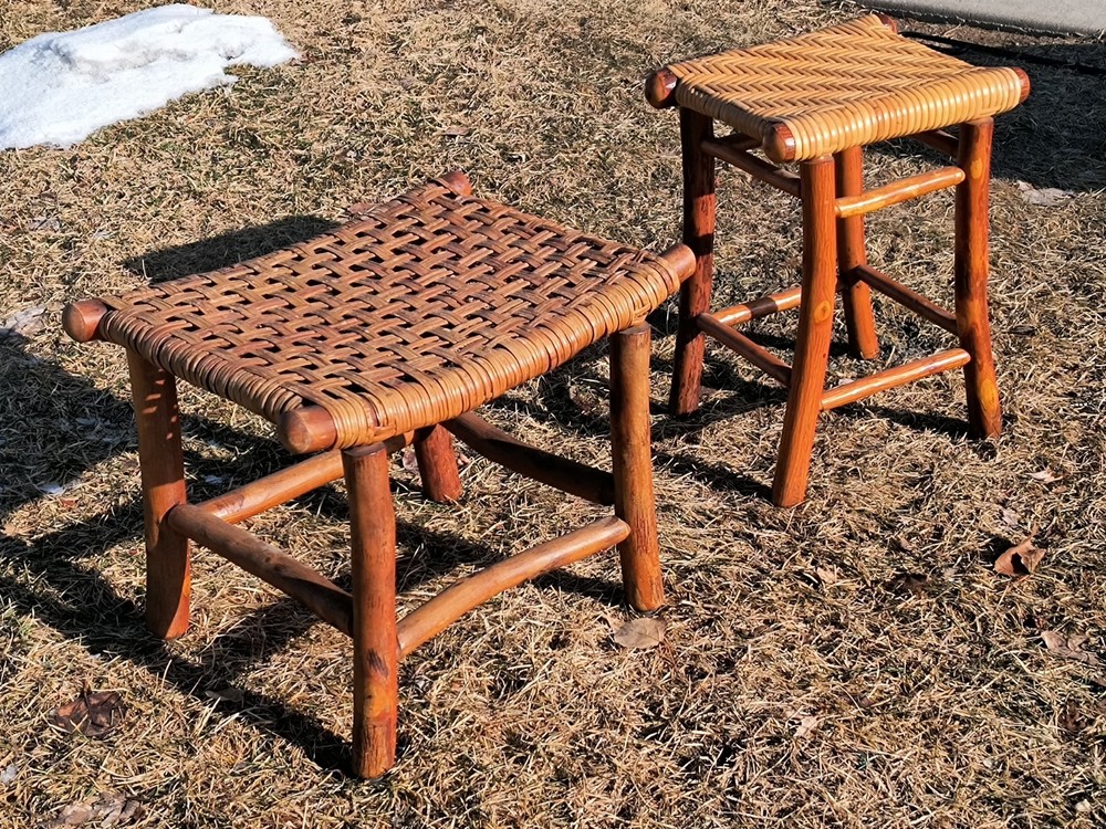 Antique signed Old hickory classic woven Adirondack rustic footstool bench