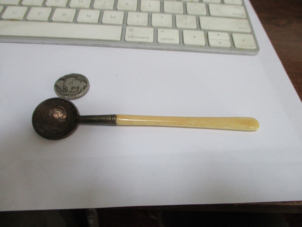ANTIQUE SPOON 1889 MEXICO COPPER CENTAVO COIN WITH BONE HANDLE 5"