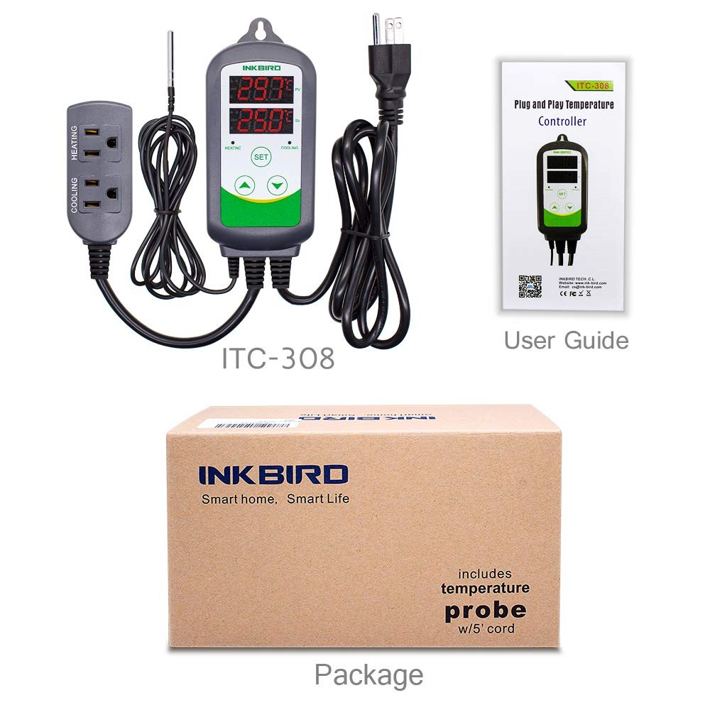 ITC-308 Digital Temperature Controller 2-Stage Outlet Thermostat Heating and ...