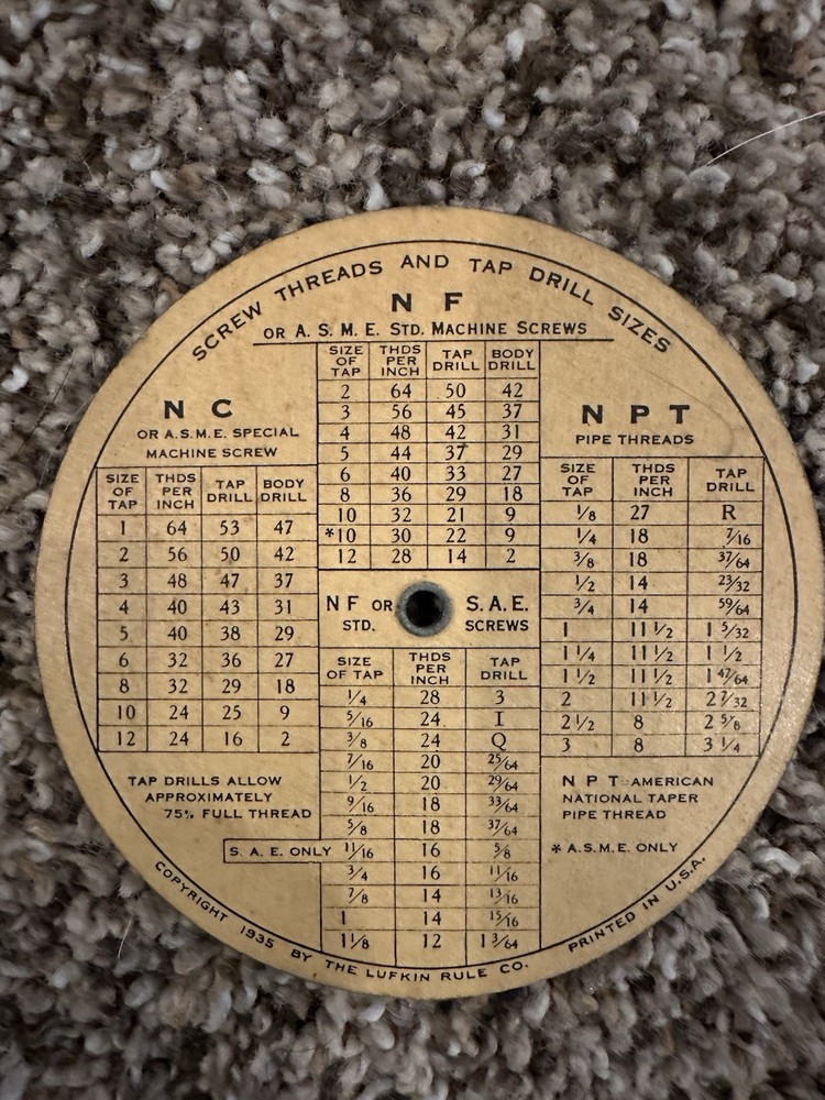 Vintage LUFKIN TOOLs Screw Threads Wheel Chart & LUFKIN Decimal/Drill Chart
