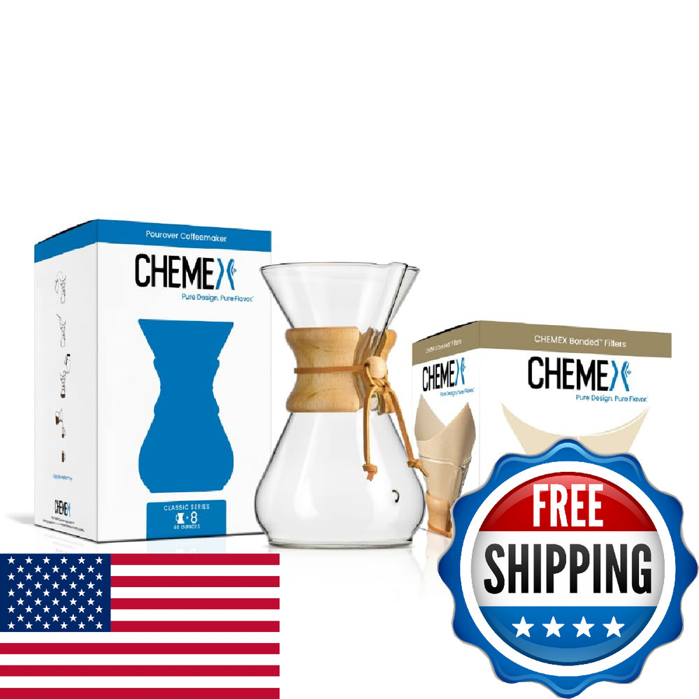 CHEMEX Bundle - 8-Cup Classic Series - 100 ct Square Filters - Exclusive Packagi