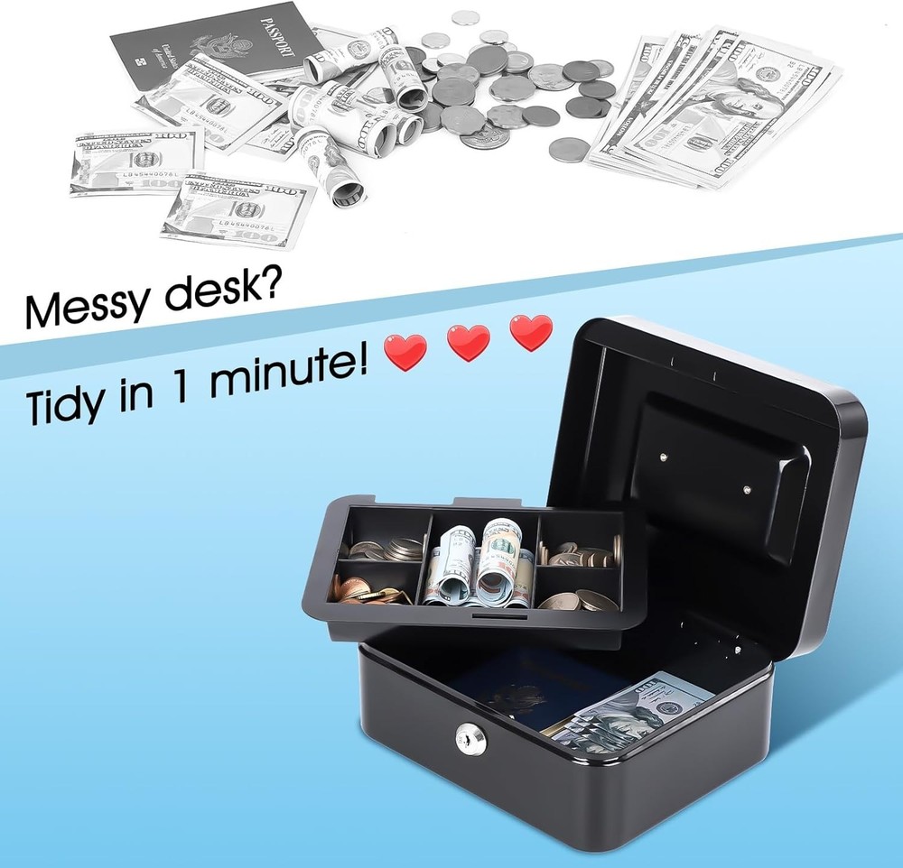 Medium Key Lock Cash Box with Removable Tray & Portable Handle - Black Elegance