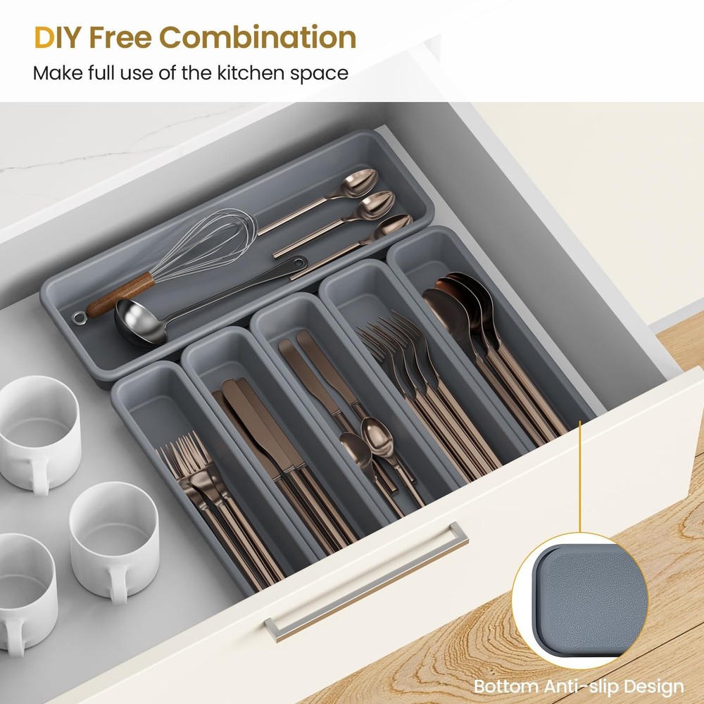 6 Pack Silicone Drawer Organizer for Kitchen, DIY Free Combination Silverware...