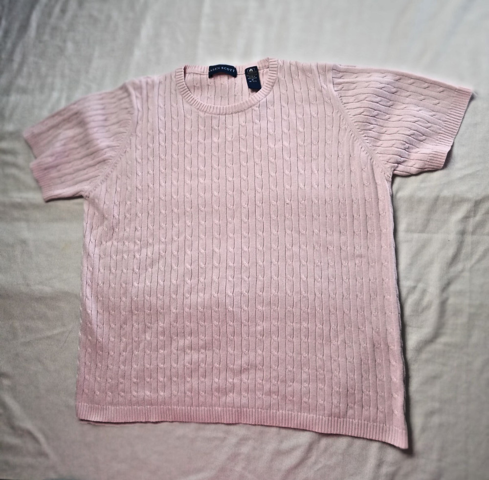 Karen Scott Medium Cable Knit Pink Sweater Pullover Pink Crew Neck short Sleeves