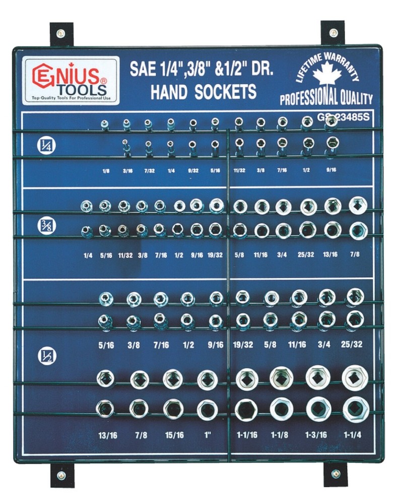 Genius Tools 85 Piece 1/4", 3/8" & 1/2" Dr. SAE Hand Socket Display Board - G...