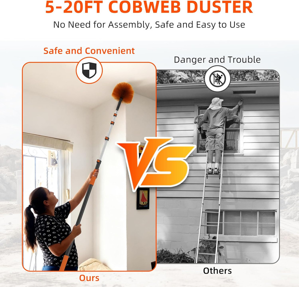 26 FT Cobweb Duster with Extension Pole, Cobweb Duster with 5-20FT Telescoping E