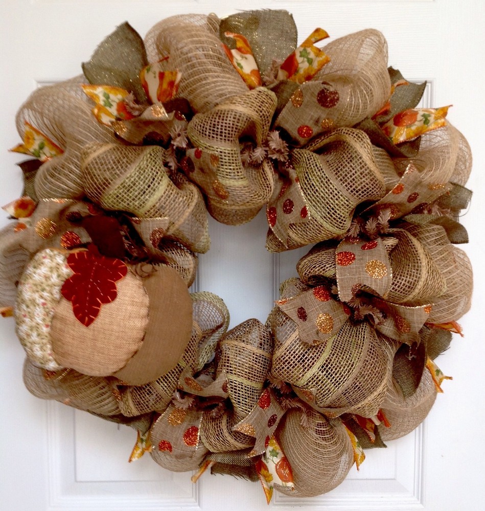Handmade Quilted Pumpkin Deco Mesh Autumn Wreath