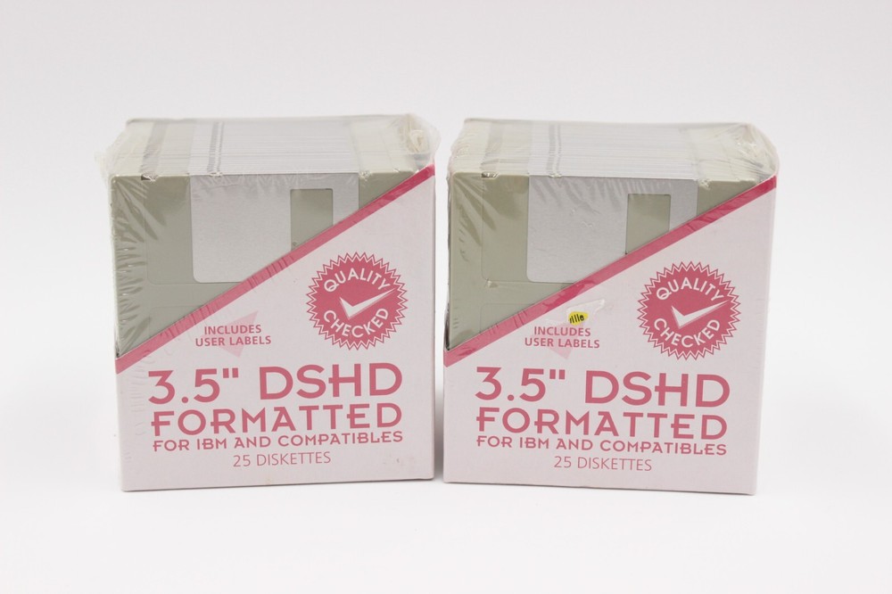 2 - 25 Floppy Diskettes | Factory Sealed | 3.5” DSHD Formatted | Includes Labels