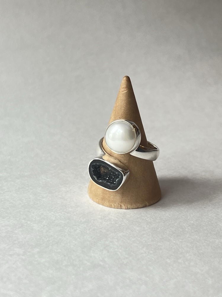 Pearl & Geode Adjustable Ring 925 Sterling Silver Size 7