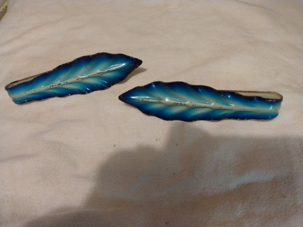 Vintage Metal Pair Curtain Tie Backs / pull backs Blue Leaf or Feather