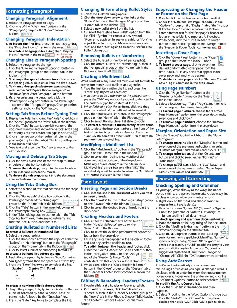 Word 2016 Training Guide Quick Reference Card 4 Page Cheat Sheet Instructions