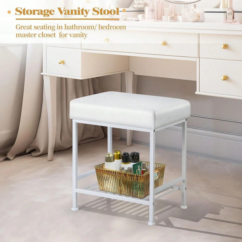 Storage Vanity Stool - Adjustable Square Ottoman With Leather, White