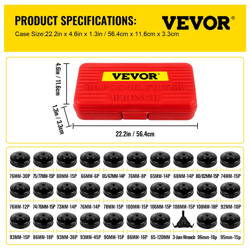 VEVOR Oil Filter Socket Set Cup Socket Tool Set 30 PCS Oil Filter Cap Wrench