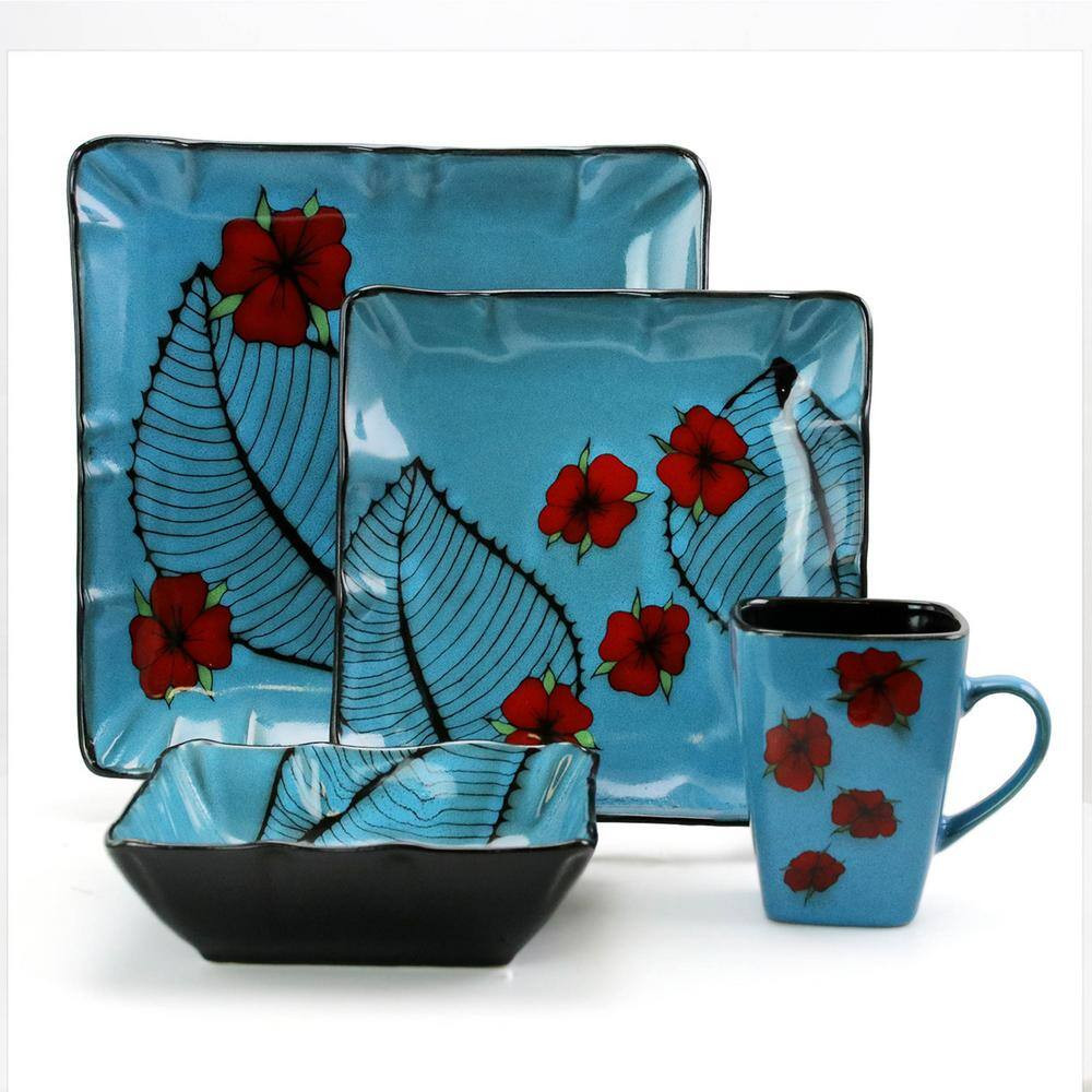 Aloha Tide 16-Piece Patterned Blue Stoneware Dinnerware Set (Service for 4)