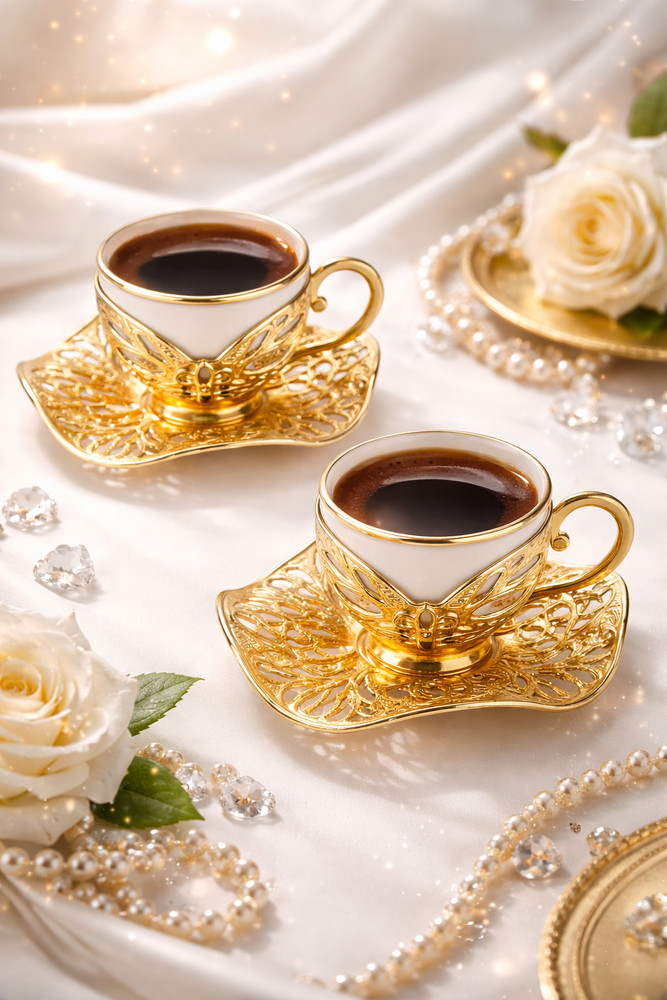 Coffee Set for Two, 2 White Gilded Porcelain Cups, Gold