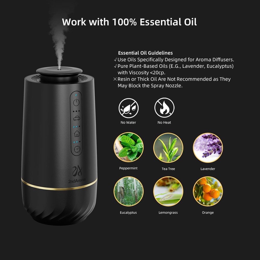 2ndAroma Waterless Oil Diffuser, Portable Car Diffusers for Essential Black