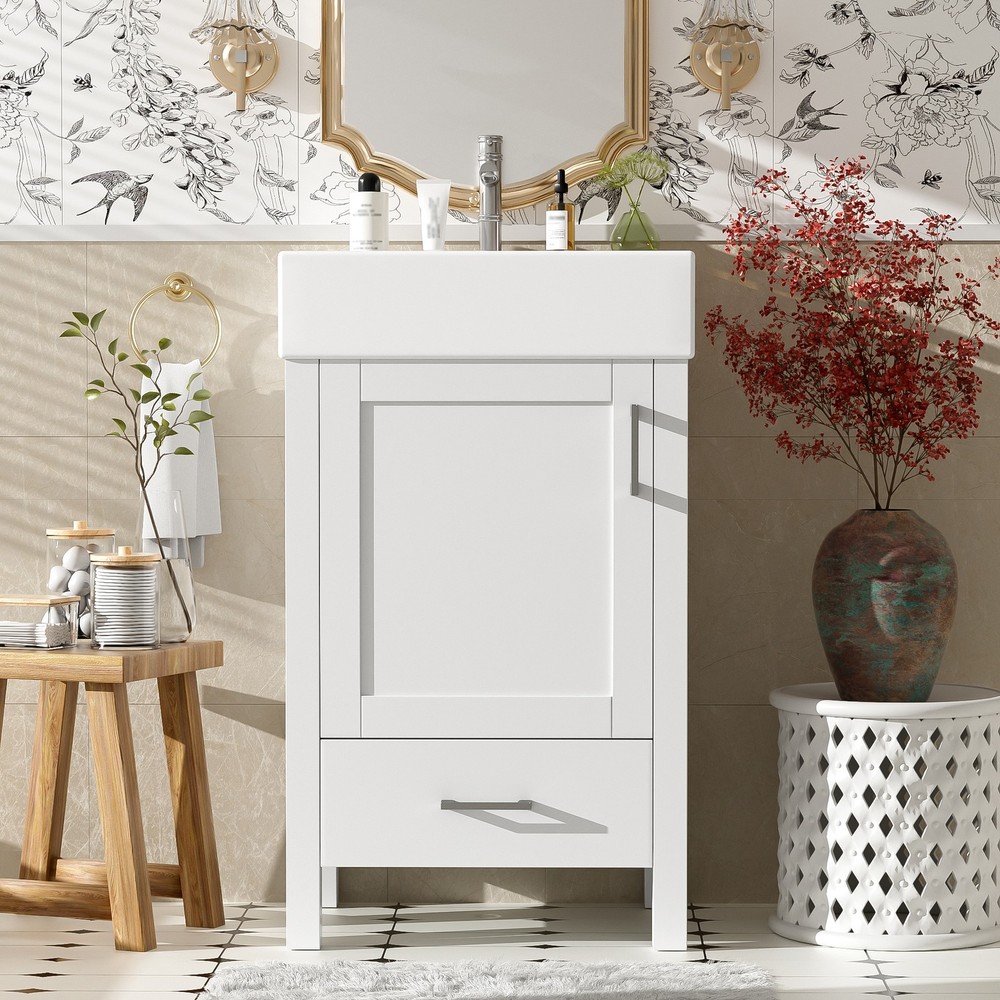 20.28'' White Modern Bathroom Vanity with Ceramic Sink, Solid Wood Frame, and Dr
