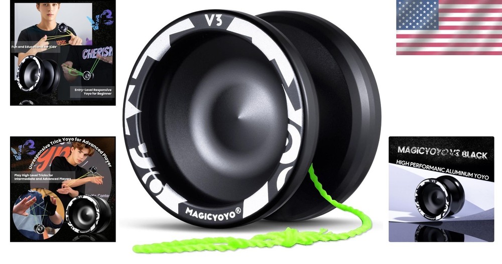 V3 Yoyo for Beginners & Pros - Includes 12 Strings, Bearing Tool, Black Gift Set