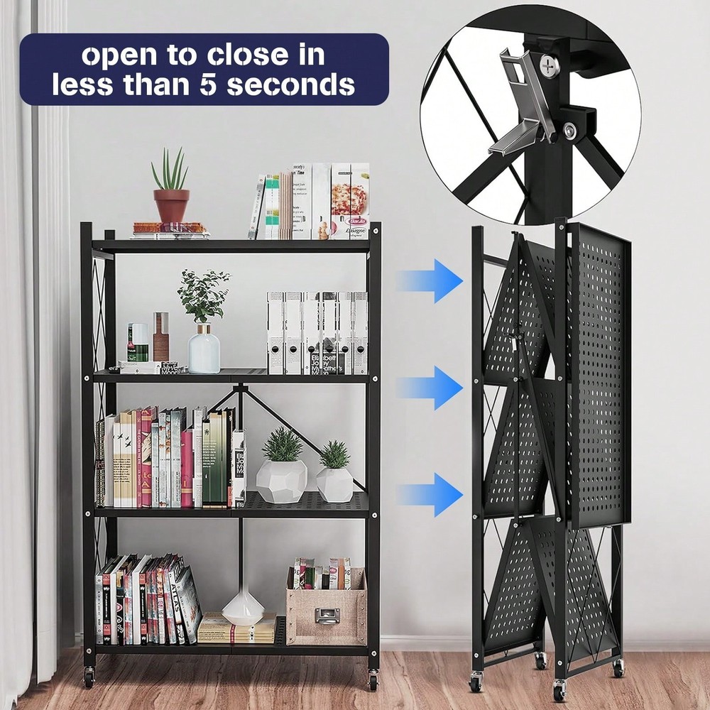 Foldable 3/4/5 Tier Rolling Storage Shelves Metal Wire Rack Black